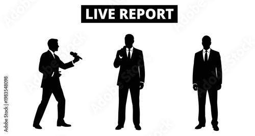 Businessmen silhouettes during a live report with one holding a microphone for broadcast