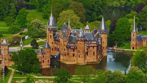 Aerial view of historic Castle de Haar, Utrecht. Historic castle built in The Netherlands