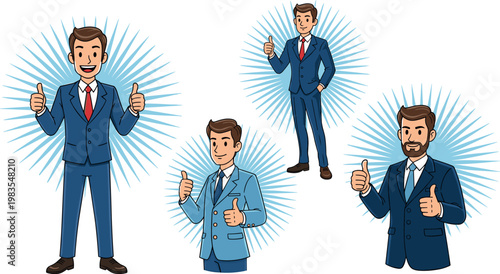Businessman thumbs up vector set with confident male characters in suits success approval gesture illustration collection