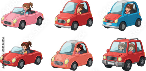 Cute girls driving cars vector collection with cartoon vehicles colorful transportation and kids driver illustration set