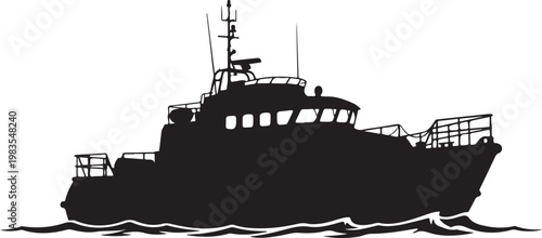 Black boat silhouette, nautical vessel, ship icon, vector illustration