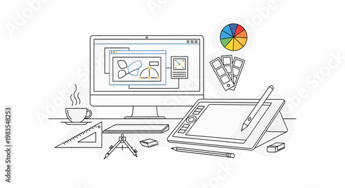Graphic design workspace with computer and tools.
