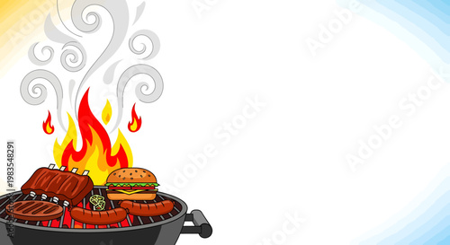 Grilled meat and vegetables on fire.