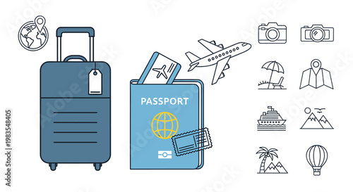 Vector illustration of travel icons including a suitcase passport airplane and other travel related symbols, Generative AI.