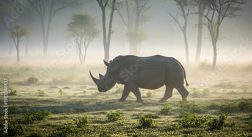 Rhino walking in savannah landscape morning.