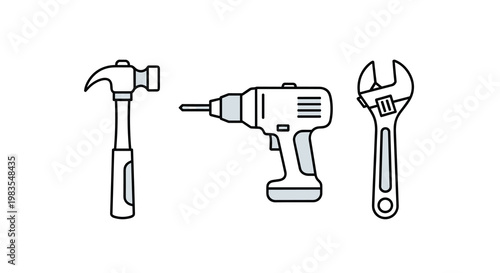 Vector illustration of a hammer drill and adjustable wrench on a depicting common hand tools used for diy projects and construction work, Generative AI.