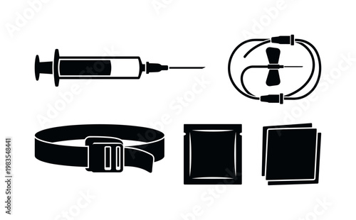 syringe blood draw needle, butterfly needle infusion set, tourniquet strap band, alcohol swab packet square, gauze pad bandage