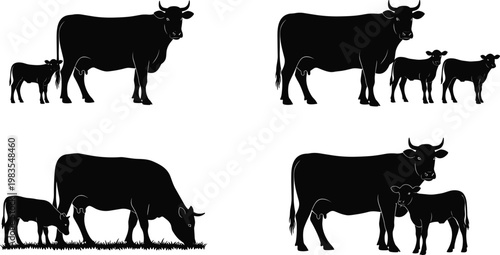 Black cow and calf silhouettes in farming poses, grazing, standing, and family herd compositions for agriculture design