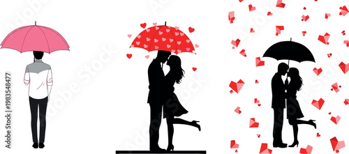 Romantic couple under umbrella vector set with love silhouettes hearts rain and relationship illustration collection