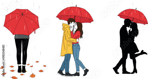 Romantic couple in rain vector set with umbrella love scenes silhouettes autumn leaves and relationship illustration collection