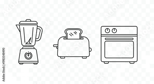 Vector line art illustration of kitchen appliances including a blender toaster and oven, Generative AI.