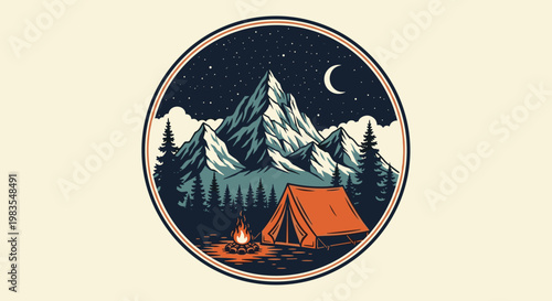 A camping scene with a tent and campfire in front of a mountain range under a starry night sky with a crescent moon, Generative AI.