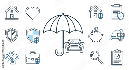 A set of icons related to insurance and protection including a car house umbrella and various security symbols, Generative AI.