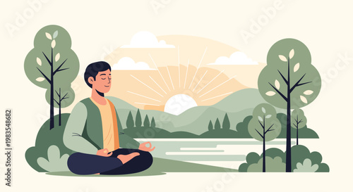 Man sitting in lotus position meditating outdoors in nature with trees and lake at sunrise, Generative AI.