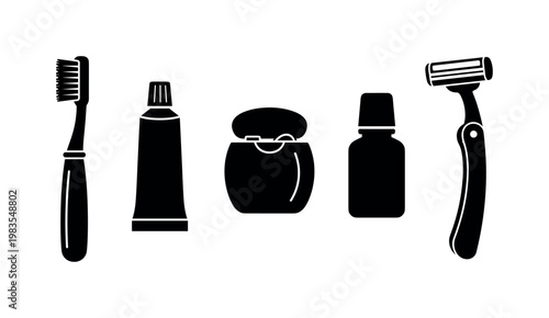 toothbrush travel size, toothpaste tube small, dental floss container, mouthwash mini bottle, razor foldable handle bold black