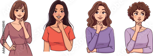 Thoughtful women portraits vector set with female characters thinking expressions curiosity emotions and modern illustration collection