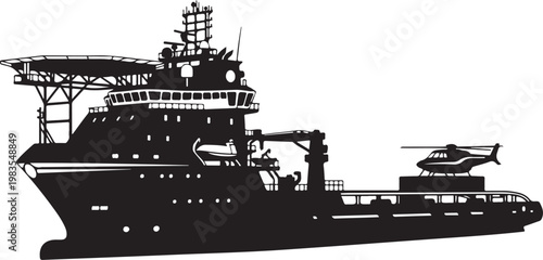 Black silhouette ship, naval vessel, cargo boat, helicopter ship