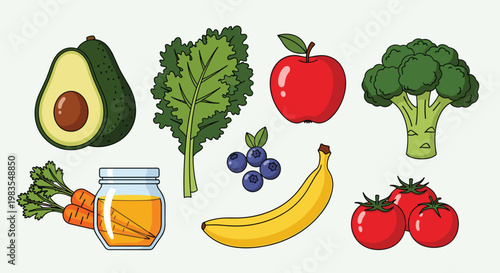 A colorful illustration of various healthy foods including fruits and vegetables, Generative AI.