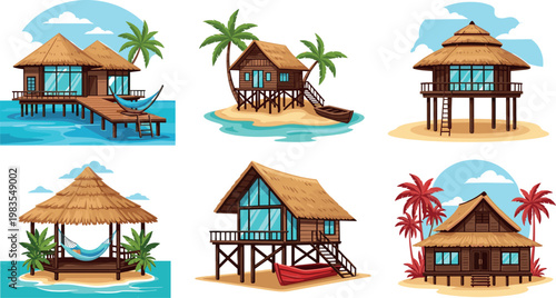 Tropical beach houses vector collection with wooden huts palm trees island bungalows seaside vacation illustration set