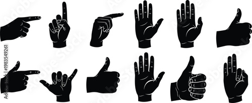 Black hand silhouette illustrations showing diverse gestures including pointing, thumbs-up, shaka sign, OK symbol, and open palm