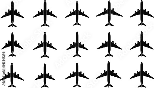 Black silhouette grid of sixteen airplanes viewed from above showing variations in wings, engines, and tail designs