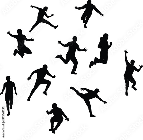 Black silhouette illustration of ten people in dynamic poses showing jumping, running, and leaping human motion energy