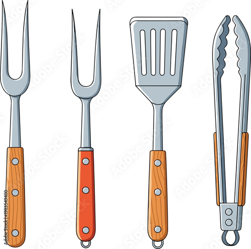 BBQ grill tools set fork spatula tongs wooden handle cooking equipment vector illustration isolated kitchen utensils