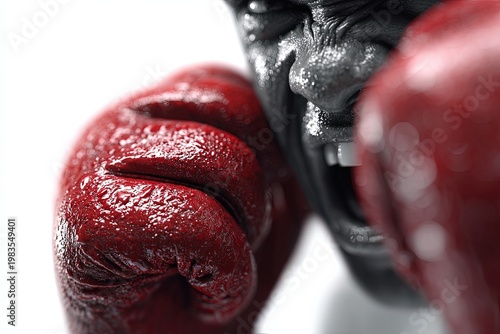 A determined boxer, sweat beading on his skin, throws a powerful punch, his face contorted in a grimace of focus and intensity, showcasing raw power and the intensity of the sport.