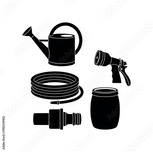 watering can spout handle, garden hose coiled tube, spray nozzle adjustable, rain barrel container, hose connector fitting bold