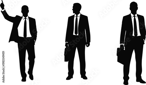 Businessmen silhouettes with briefcase and pointing gesture confident male figures vector illustration isolated for corporate, leadership and professional design use