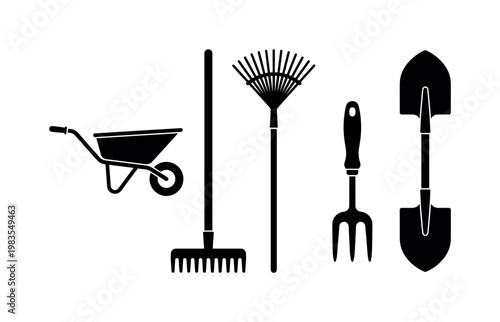 wheelbarrow single wheel cart, garden rake long handle, leaf rake fan-shaped, garden cultivator hand tool, spade shovel large bold