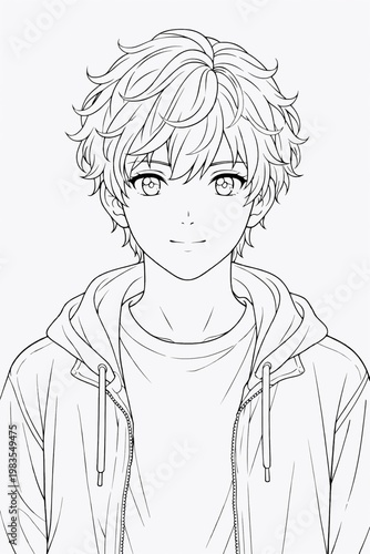 Outline portrait of a boy in anime aesthetic wearing modern casual clothing. Clean line drawing with clear contours, designed for coloring, creative use and digital coloring projects.