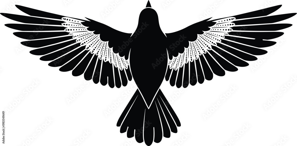 Fototapeta premium Flying bird silhouette with spread wings detailed feather vector illustration wildlife icon isolated black and white design element