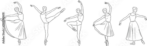 Elegant line art silhouettes of five ballet dancers performing classical poses with grace, balance, and fluid motion