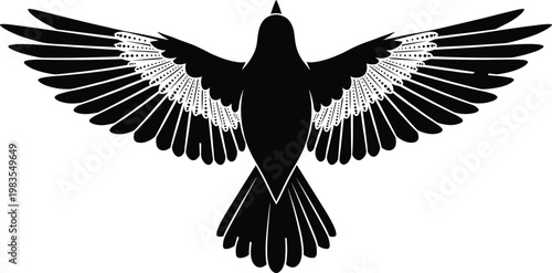 Flying bird silhouette with spread wings detailed feather vector illustration wildlife icon isolated black and white design element