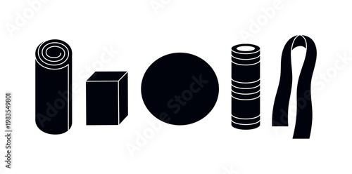 yoga mat rolled cylinder, yoga block rectangular, balance ball large sphere, foam roller cylindrical, stretching strap long band