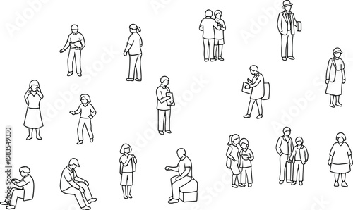 Foto People line art set showing diverse characters in daily activities, vector illus