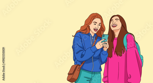 Vector illustration of two teenage girls, smiling friends, using smartphone, colorful cartoon characters