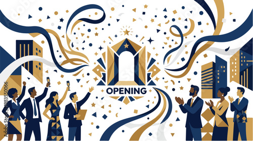 Diverse group of business professionals celebrating a grand opening event with confetti and ribbons in a modern city