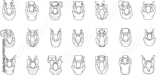 Top view of people using smartphones tablets and laptops set line art human poses with devices vector illustration collection