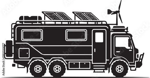 Solar powered RV, eco friendly camper van, black motorhome, vector illustration