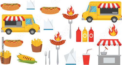 Street food vector set featuring hot dog food truck fries grilled corn sauces and fast food stall elements isolated illustration
