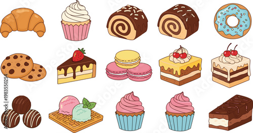 Assorted desserts vector set featuring cakes cupcakes donuts macarons cookies and chocolate sweets bakery collection isolated illustration