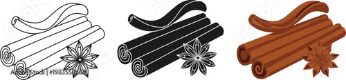 Cinnamon sticks vector illustration set featuring outline black and colored spice drawings with star anise isolated design collection