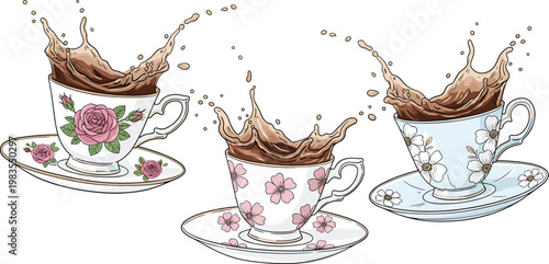Coffee splash in floral teacups vector illustration featuring vintage cups with flowers and dynamic liquid motion isolated design