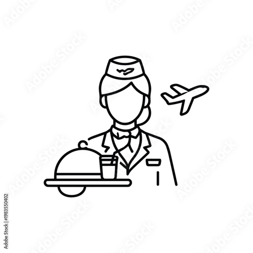 Flight attendant icon black and white vector flight attendant profession with airplane and in flight service illustration