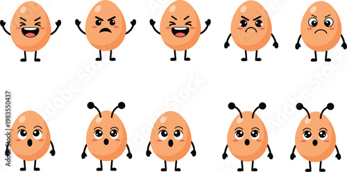 Cute egg cartoon characters vector set featuring different emotions expressions funny food mascots isolated illustration collection