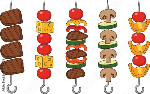 BBQ skewers set with meat vegetables cheese mushrooms vector illustration grilled food barbecue collection tasty design elements