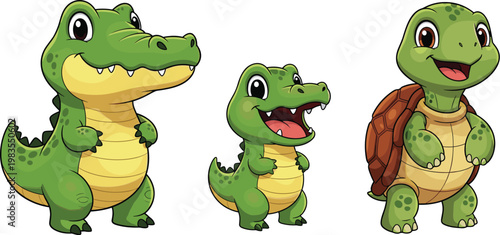 Cute reptile characters vector illustration featuring cartoon crocodile baby alligator and turtle animals isolated collection design