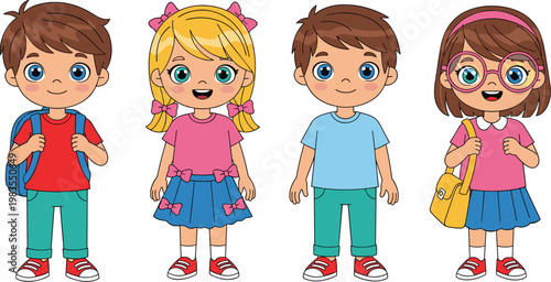 Cute school kids vector illustration featuring smiling children with backpacks in casual outfits cartoon characters isolated collection design
